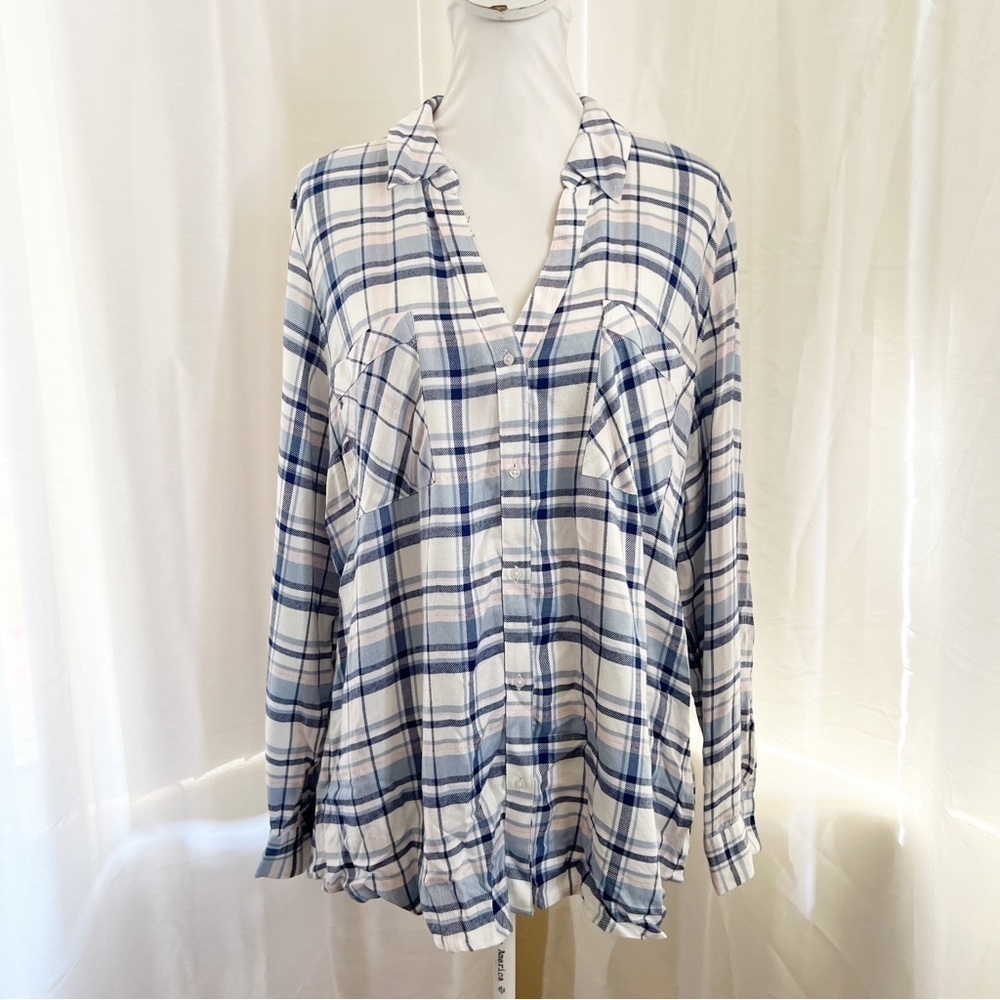 Candie's Button Down Shirt XXL‎ Blue Plaid Long Sleeve Roll Tab Pocket Casual